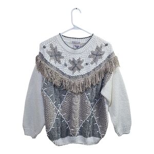 Vintage Huntington Ridge Hand Knit Fringe Sweater Shoulder Pads Size Small